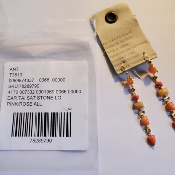 Anthropologie gold over Brass Linear pink/rose Stone drop earrings 3" In Length - Picture 7 of 7